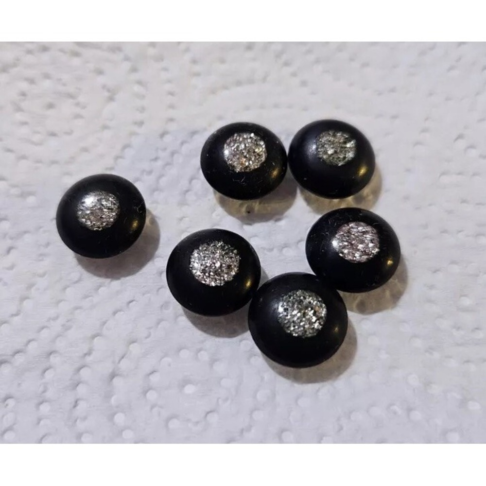 Vintage Set of 6 Black Plastic Buttons Silver Glitter Centers.  1021